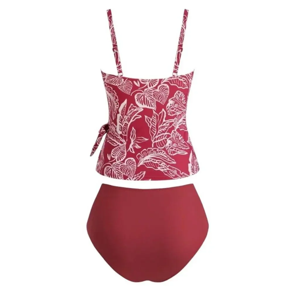 Cupshe Women Red Floral Tankini Set Square Neck Side Tie 2 Piece S